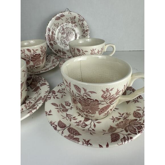 Red / Pink Transferware Cup and Saucer EIT England Roses Floral 15 Pieces - Picture 2 of 8